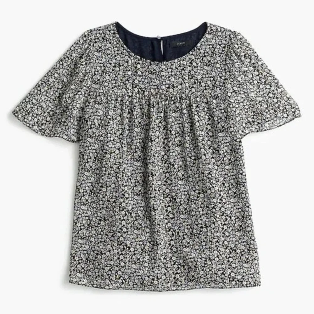 J. CREW Chiffon Silk Gold Metallic Black & White Blouse Floral Top